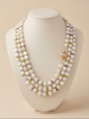 14k Triple strand Pearl and gem necklace 14k ball clasp